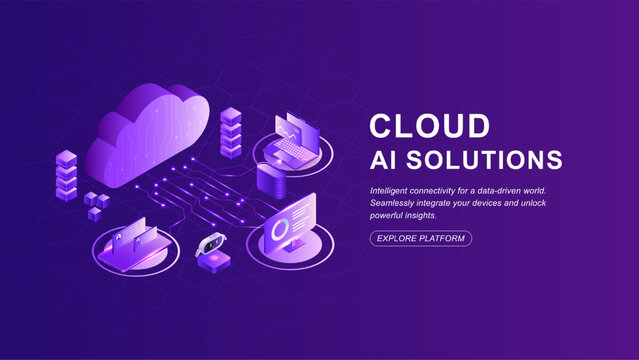 Cloud AI solutions isometric illustration with data network server cloud computing big data robot