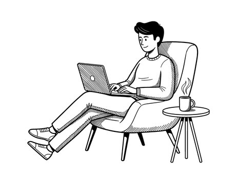 Smiling young man relaxing in armchair using laptop computer with steaming mug on a side table