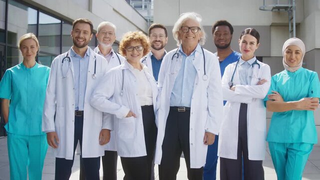 Confident medical team standing outside clinic and posing together under bright daylight. Professionals presenting unity and strength while maintaining relaxed expressions. Upcoming tasks.