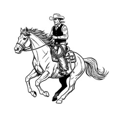Fototapeta premium Cowboy man riding a galloping horse with a lasso in a powerful Western black and white line art