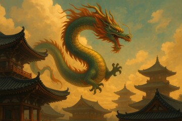 Fototapeta premium Majestic dragon over ancient rooftops.
