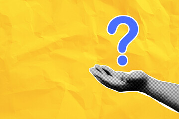 Pop art collage style.,Halftone hand holding blue question mark symbol on yellow paper background...