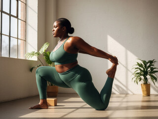 Athletic Woman In Green Yoga Outfit Demonstrates Deep Lunge Pose In Sunlit Studio
