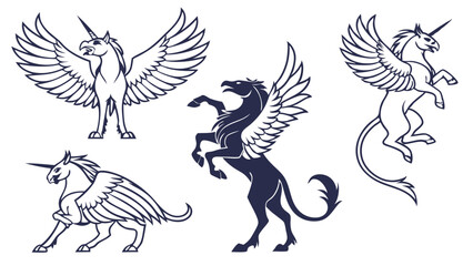 Mythical Winged Unicorn Set Heraldry Icons for Fantasy Gaming Logos Tattoo Designs Powerful Majestic Creatures