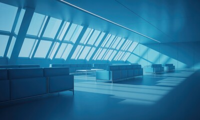 Obraz premium Modern, minimalist interior bathed in cool blue light, with geometric design