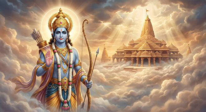 Majestic Lord Rama with Bow and Arrow in Front of Grand Ayodhya Ram Mandir Temple in Divine Clouds