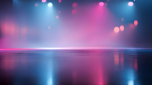 Blur empty concert, theater stage illuminated by vibrant pink and blue neon spotlights and smoke effects with dramatic and high-tech atmosphere. Stage with dramatic multicolored lighting, smoke effect