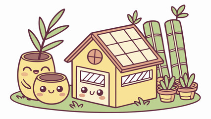 Cute Kawaii Greenhouse Home with Happy Potted Plants for Gardening App Icons or Eco Friendly Web Design Elements