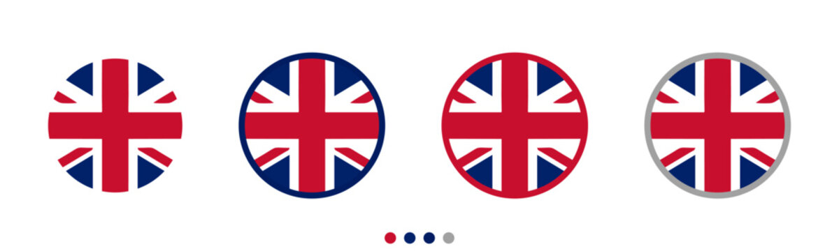 A set of four round vector icons featuring the United Kingdom flag (Union Jack). Simple flat designs ideal for national identity, patriotism, and international representation on a white background.