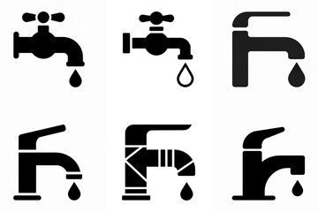 A set of eight minimalist black and white faucet icons arranged in a 2x4 grid.