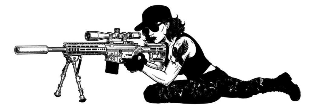 Serious woman in tactical attire aiming a high power sniper rifle from a prone position focused
