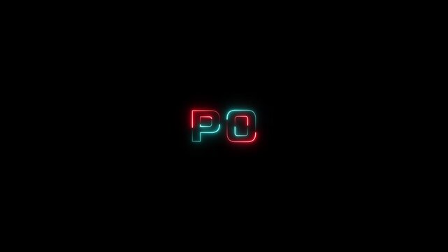Glowing neon PO Text Animation. Alpha matte with black background.