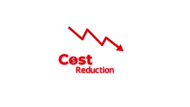 Businessman working on company cost saving. Cost wording on decreasing coins stacking with the down arrow. Cost Management, Economy recession, low budget, Effective business, Cost reduction concept.