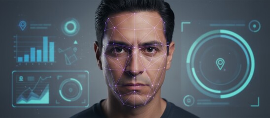 Man's face scanned by a digital recognition system, displaying a holographic polygonal mesh and data interface for biometric identification, security, and surveillance technology