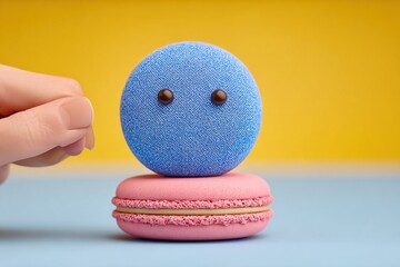 Blue candy circle on top of pink candy stack in a colorful setting with a hand about to adjust the blue piece