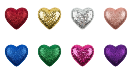 Glitter heart decoration set including red, gold, silver, blue, green, pink, and purple ornaments isolated. Romantic valentine's day and holiday bauble collection.