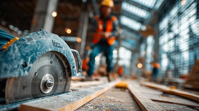 In a vibrant workshop, a skilled worker uses a circular saw to expertly cut through wood. Rays of light filter in, creating a dynamic atmosphere filled with the sounds of craftsmanship.