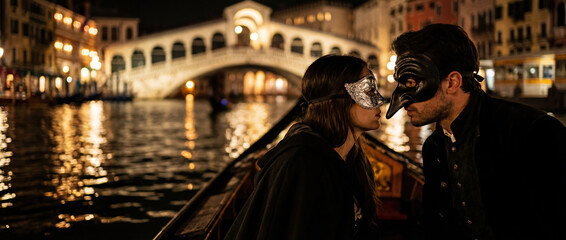 Romantic couple wearing Venetian masks on a gondola ride at night. Mysterious lovers facing each other in front of the illuminated Rialto Bridge. Masquerade travel concept for Venice Carnival.