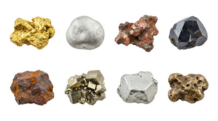 Raw mineral and metal ore set including gold, silver, copper, pyrite, and hematite specimens isolated. Geological collection for science and jewelry industry.