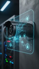 Security camera feed over a server room, overlaying circuit graphics and biometric icons for face recognition, access control and ai driven privacy protection in real time