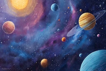 A vibrant blue Earth and its moon orbit through the celestial light of our solar system within a vast galaxy of stars and nebula across the cosmic universe