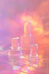 A collection of beauty cosmetics featuring glass perfume spray bottles and colorful nail polish containers in red and pink isolated against blue and black backgrounds for a professional spa manicure
