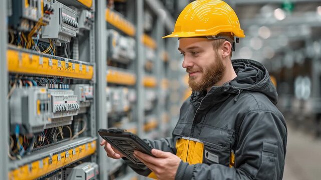 In a bright workshop, an automation engineer expertly configures systems. He uses a tablet to adjust settings and ensure everything operates smoothly and efficiently, highlighting his skills.