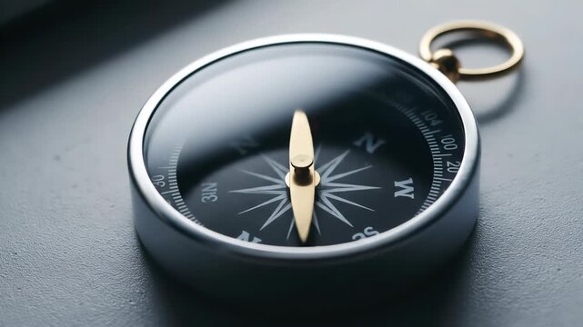 Macro view of a detailed, classic metal compass with a gold-colored needle pointing north, placed on a grey, textured surface with soft shadows.