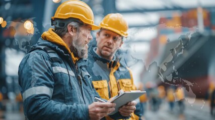 Two engineers discuss plans and strategies while using a tablet at a vibrant shipyard. They wear helmets and work gear, focused on their tasks among bustling activity.