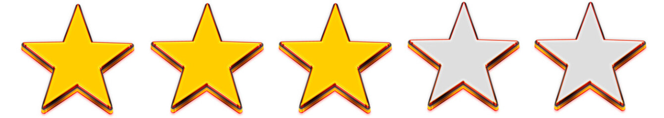 Obraz premium Golden three stars rating badge isolated on transparent background, premium shiny review icon for quality ranking and user feedback png