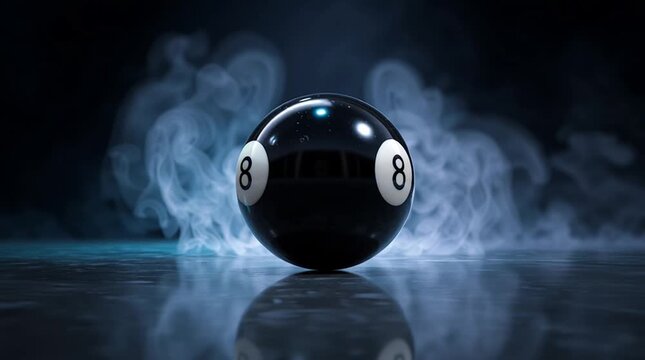 Close up of big centered glossy 8-ball pool ball on dark background
