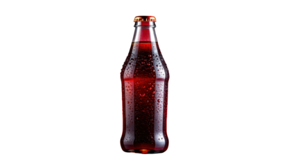 Red beverage in a clear glass bottle, with condensation against a black background
