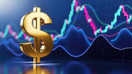 A prominent metallic dollar sign stands before a dynamic financial chart displaying market trends and investment data.