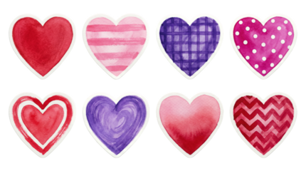 Watercolor heart sticker set including solid, striped, plaid, polka dot, and chevron patterns isolated. Valentines day and romantic decoration elements.