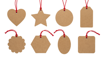 Kraft paper tag set including heart, star, circle, hexagon, and rectangle shapes with red string ties. Blank brown cardboard gift labels collection.