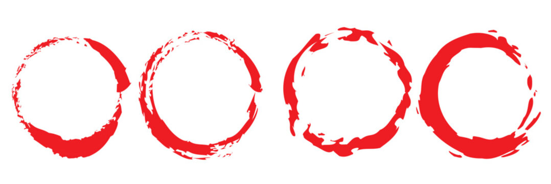 Grunge Ink Circle Frames Collection. Set of rough red ink circles with splashes and imperfections, inspired by hand-drawn brush rings, ideal for grunge design and artistic layouts.

