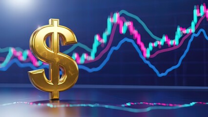 A prominent metallic dollar sign stands before a dynamic financial chart displaying market trends and investment data.