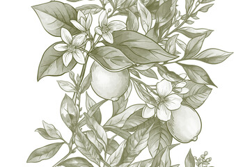 Lemons and tea botanical seamless pattern. Hand-drawn citrus fruit, tea leaves, flowers, and branches in vintage style. Natural, organic motif for textile, wallpaper, food, drink, kitchen projects.