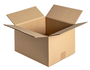 Open cardboard box; top flaps up. Clean studio shot