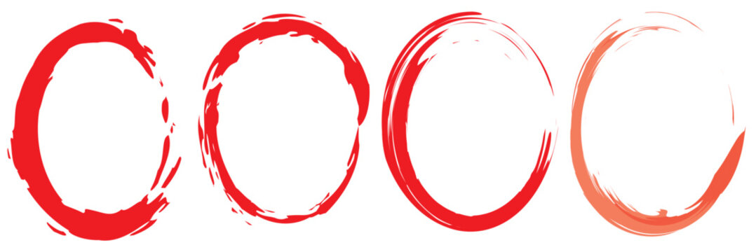 Grunge Ink Circle Frames Collection. Set of rough red ink circles with splashes and imperfections, inspired by hand-drawn brush rings, ideal for grunge design and artistic layouts.


