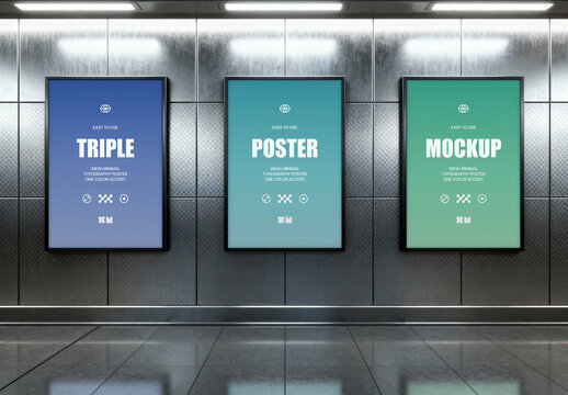 Posters Mockup on Metal Panels Wall