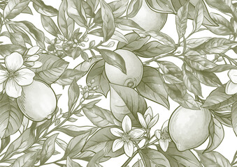 Lemons and tea botanical seamless pattern. Hand-drawn citrus fruit, tea leaves, flowers, and branches in vintage style. Natural, organic motif for textile, wallpaper, food, drink, kitchen projects.