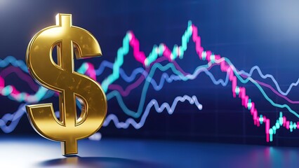 A prominent metallic dollar sign stands before a dynamic financial chart displaying market trends and investment data.