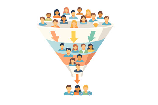 Sales funnel illustration with people moving down the stages