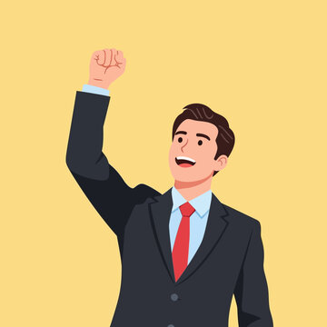Successful businessman raising his fist in celebration of achievement and victory, expressing joy and confidence in his professional growth