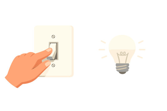 Hand flipping light switch to turn on light bulb