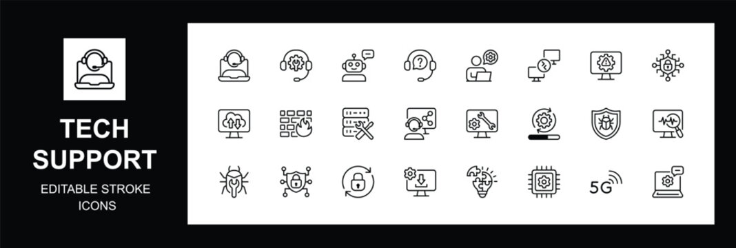 Tech support icon set. Includes IT support, troubleshooting, customer help desk, cybersecurity, system backup, AI assistance, problem solving, network, hardware repair, Vector illustration