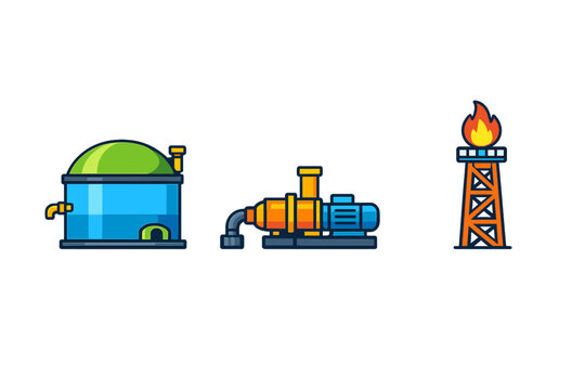 Industrial equipment icons: biogas digester, pump, and flare stack