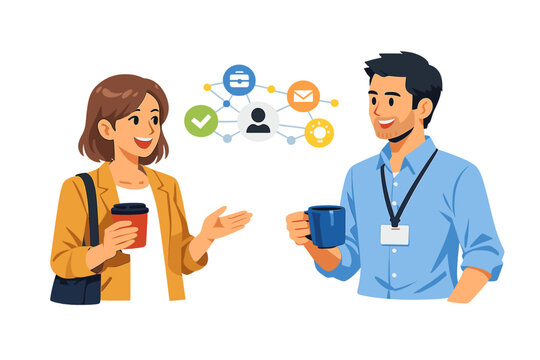 Two colleagues discussing with a network graphic and coffee