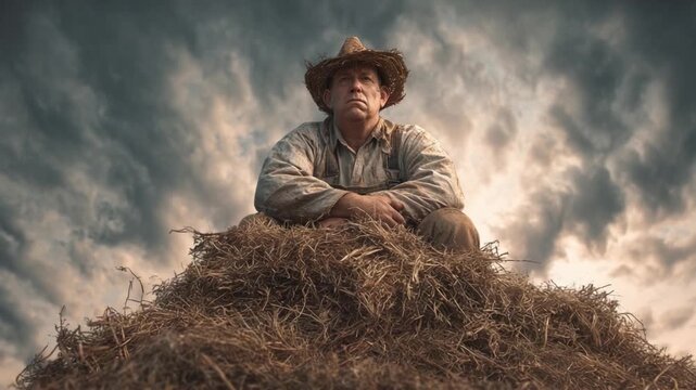 Farmer's Contemplation: A weathered farmer sits atop a haystack, his gaze fixed on the turbulent sky, embodying resilience, and the weighty responsibility of stewardship.